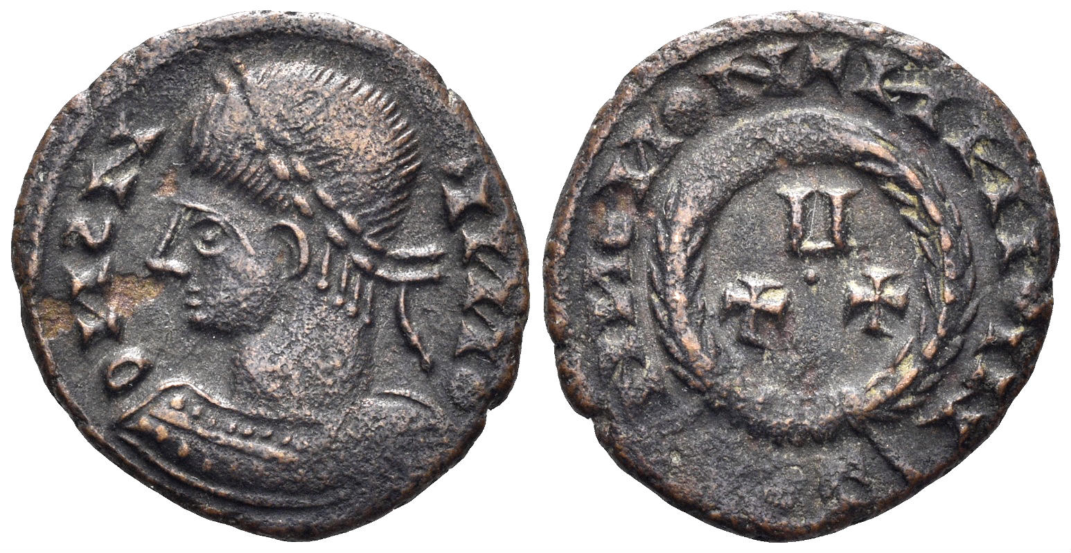 Constantine II, as Caesar (2.38g, 17mm). ‘Barbaric Imitation’ from the Balkans. Wreath