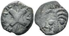 Judaea, Jerusalem. Roman Procurators. Antonius Felix. 52-60 AD. AE Prutah (1.99g, 16.5mm). In the name of Nero Claudius Caesar and Britannicus. Dated RY 14 of Claudius (54 AD). RPC 4971