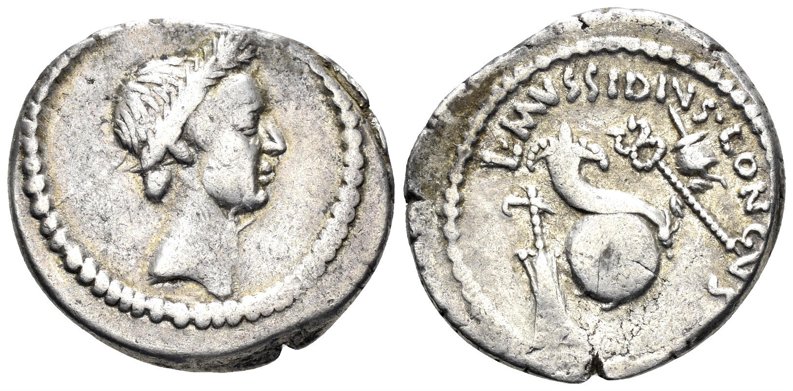 Julius Caesar, 49-44 BC. AR Denarius (3.83g, 19mm). L. Mussidius Longus, moneyer. Rome mint. Struck 42 BC. Crawford 494/39a