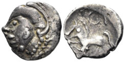 Celtic Central Gaul. Aedui. Circa 80-50 BC. AR Quinarius (1.98g, 14mm). DT –