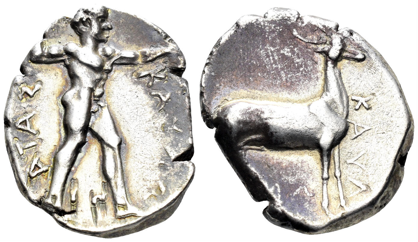 Bruttium, Kaulonia. Circa 475-425 BC. AR Nomos (7.61g, 19mm). HN Italy 2046 var.