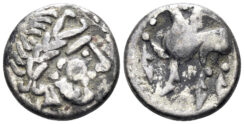 Eastern Celts. Skordoski in Syrmia. Circa 3rd-2nd century BC. AR Drachm (2.40g, 14mm). Imitating Philip II of Macedon, “Kugelwange” type. Dembski 1110
