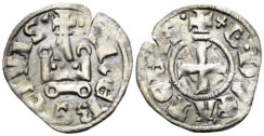 Crusaders, Duchy of Athens. Guillaume I de la Roche. 1280-1287. BI Denier Tournois (0.78g, 19mm). Thebes mint. Metcalf, Crusades 1040