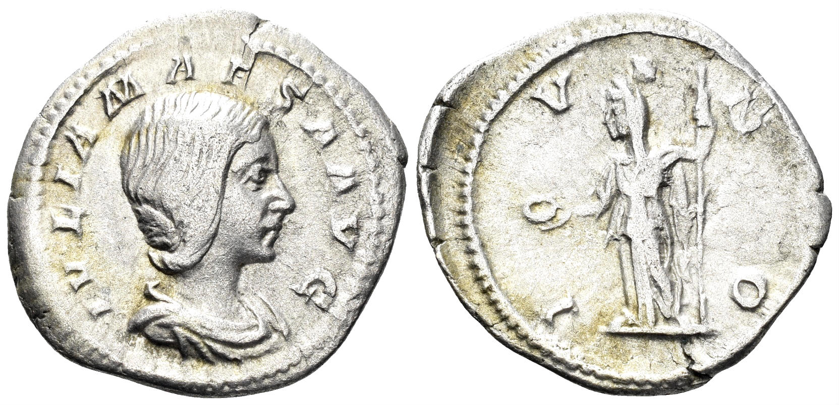 Julia Maesa, Augusta. 218-224/5 AD. AR Denarius (2.69g, 21mm). Rome mint. Struck 219 AD. RIC 254