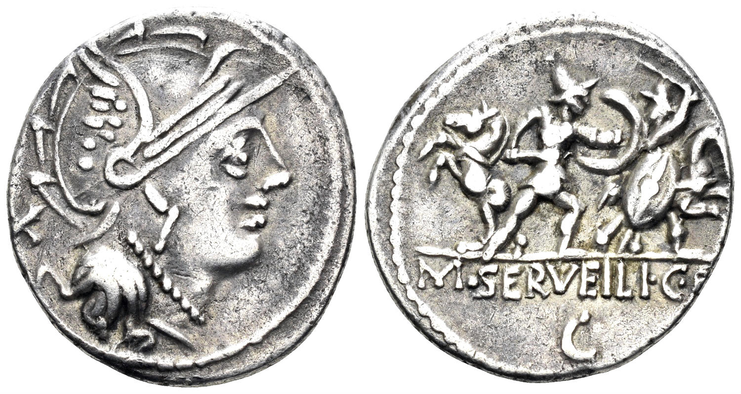 Servilius. 100 BC. AR Denarius (3.99g, 20.5mm). Rome mint. Crawford 327/1