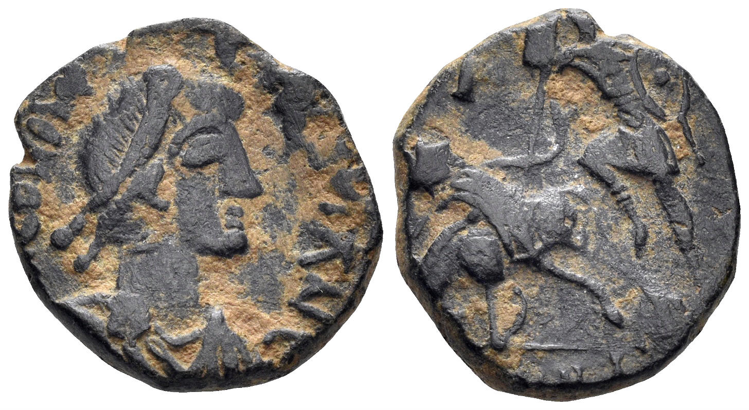 Constantius II. 337-361 AD. AE Centenionalis (2.69g, 15.5mm). Contemporary 'Barbaric' imitation. Fallen horseman