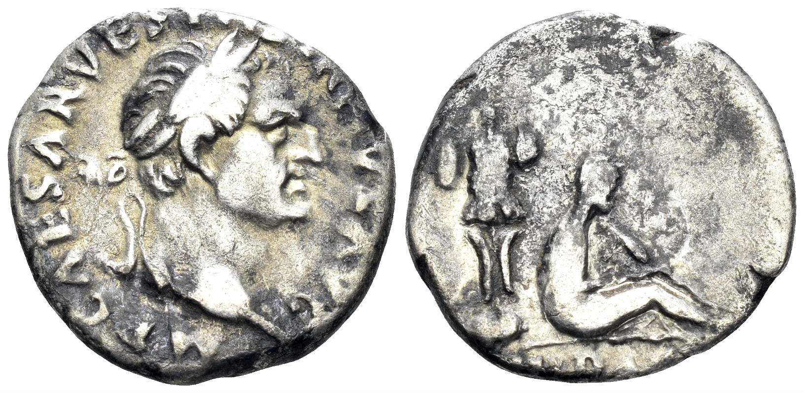 Vespasian. 69-79 AD. AR Denarius (3.33g, 17mm). Judaea Capta issue. Rome mint. Struck 69-71 AD. RIC 16