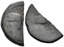 Southern Gaul. Augustus. 27 BC-14 AD. AE Halved As (4.67g, 24mm). Nemausus mint. Struck 10 AD or later. RPC I 523