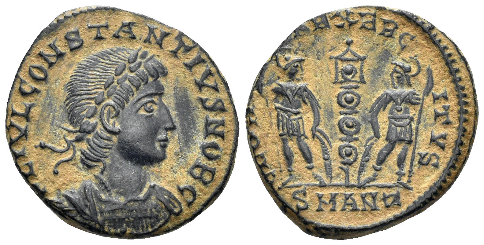 Constantius II, as Caesar. 335-337 AD. AE Follis (1.73g, 16mm). Antioch mint. Struck 335-7 AD. RIC 110