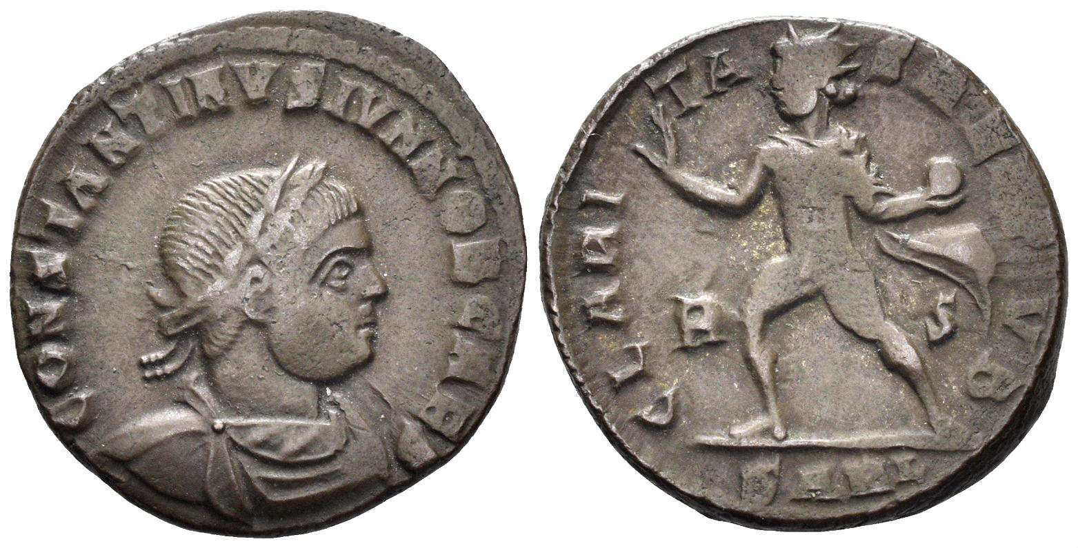 Constantine II, as Caesar. 316-337 AD. AE Follis (3.01g, 20mm). Arelate mint. Struck 317 AD. RIC 118