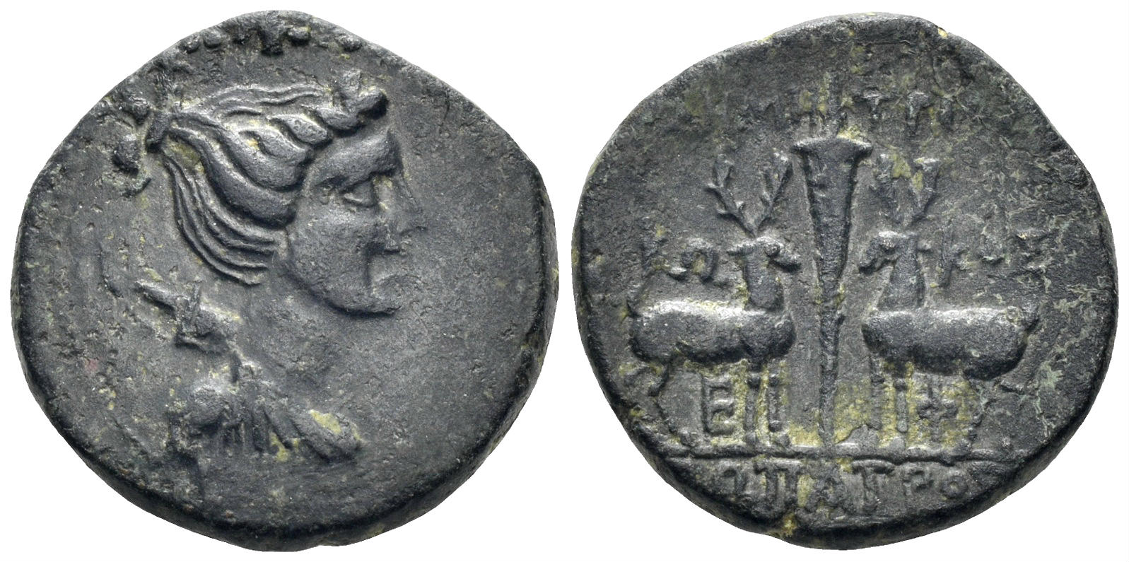Ionia, Ephesos. Circa 48-27 BC. AE Tetrachalkon (4.69g, 18mm). Demetrios, Kokos and Sopatros, magistrates. SNG Cop. 342