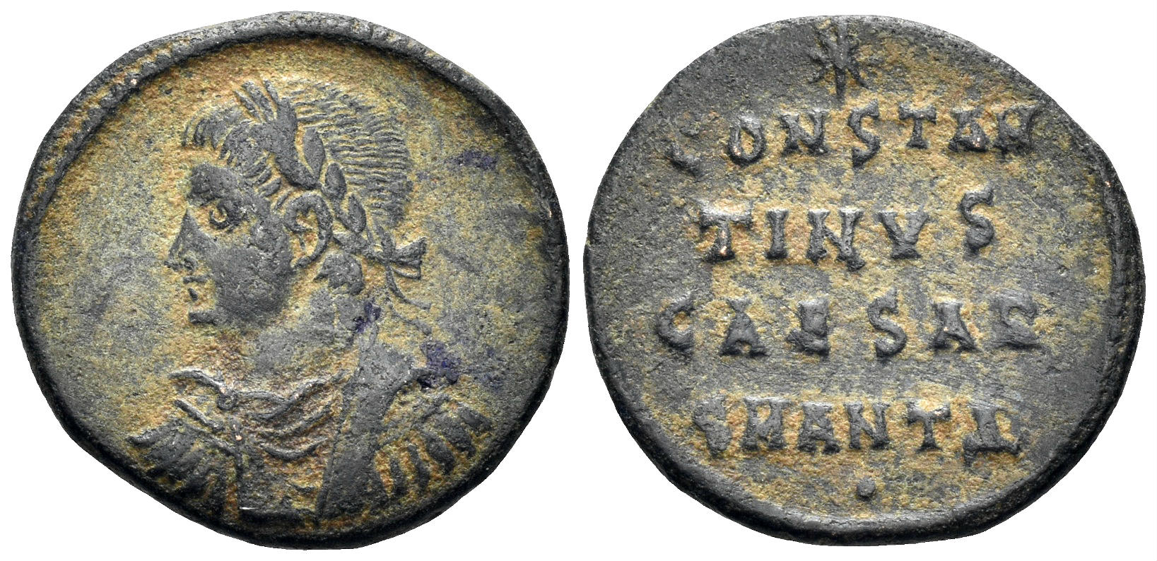 Constantine II, as Caesar. 316-337 AD. AE Follis (2.23g, 18mm). Antioch mint. Struck 325/6 AD. RIC 59