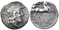 Calidius, Q. Metellus, and Cn. Fulvius. 117-116 BC. AR Denarius (3.78g. 19mm). Rome mint. Crawford-284/1a