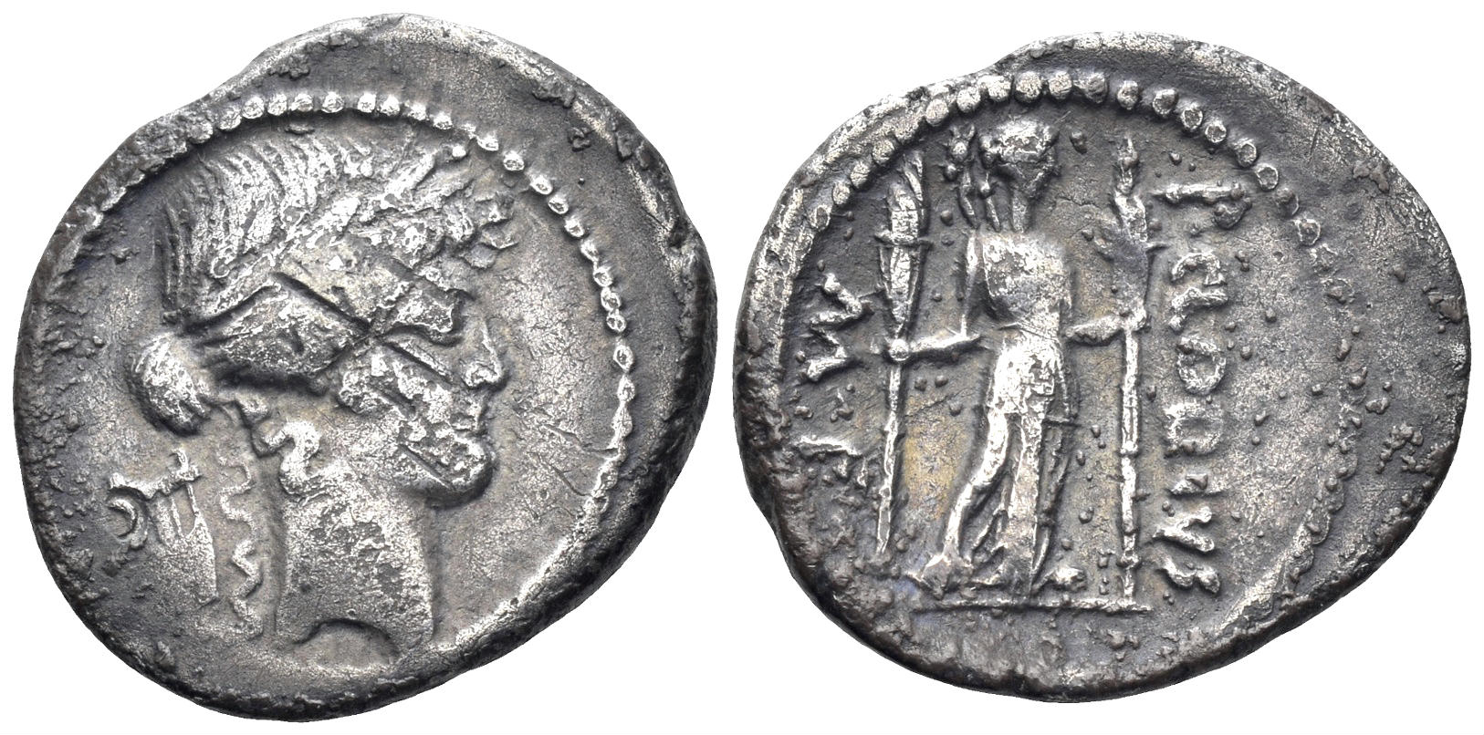 Clodius M.f. Turrinus. 42 BC. AR Denarius (3.37g, 21mm). Rome mint. Crawford 494/23