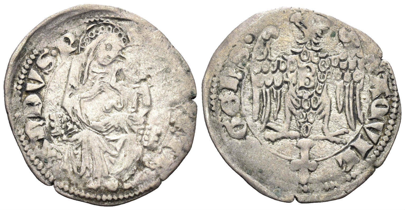 Italy, Aquileia. Bertrando di San Genesio, Patriarch. 1334-1350. AR Denaro (1.00g, 20mm). Bernardi 47