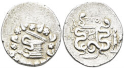 Lydia, Tralleis. Circa 166-67 BC. AR Tetradrachm (12.56g, 26mm). Cistophoric standard. Ptol-, magistrate. Dated CY 2 (133/2 BC). DCA 354