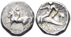Calabria, Tarentum. Circa 272-240 BC. AR Didrachm or Nomos (6.54g, 18mm). Ey…, Phi… and Tistiar…, magistrates. Vlasto 842