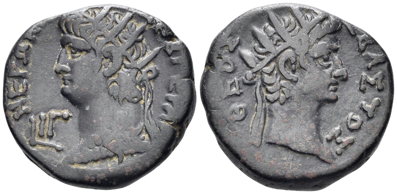 Egypt, Alexandria. Nero and Divus Augustus. 54-68 AD. Billon Tetradrachm (12.99g, 24mm). Dated RY 13 (66/7 AD). RPC I 5294
