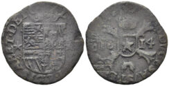 Brabant, Duchy, Albert & Isabella. 1598-1621. AE Liard (3.01g, 25mm) Maastricht mint. Dated 1614. CNM 2.07.56