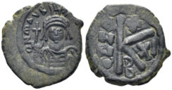 Maurice Tiberius. 582-602. AE Half Follis (5.01g, 23mm). Constantinople mint. Dated RY 11 (592/3). SB 497