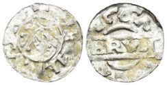 Low Countries. Friesland. Brun III. Circa 1050-1057. AR Denar (0.67g, 16mm). Struck in the name of king Heinrich III. 1028-1056. Dokkum mint. Dannenberg 499
