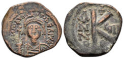 Maurice Tiberius. 582-602. AE Half Follis (5.77g, 22mm). Constantinople mint. Dated RY 8 (589/90). SB 497