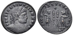 Constantine II, as Caesar. 317-337 AD. AE Follis (2.63g, 17mm). Arelate mint. Struck 330 AD. RIC 346