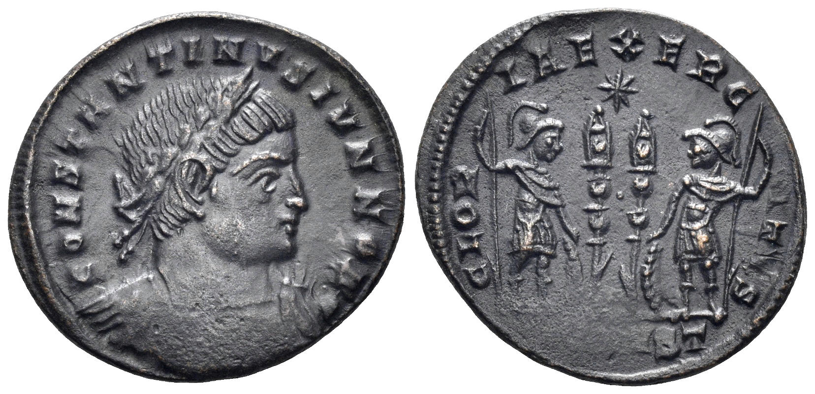 Constantine II, as Caesar. 317-337 AD. AE Follis (2.63g, 17mm). Arelate mint. Struck 330 AD. RIC 346