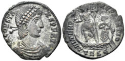 Constans. 337-350 AD. Silvered AE3 (3.68g, 33mm). Thessalonica mint. Struck 348-50 AD. RIC 109
