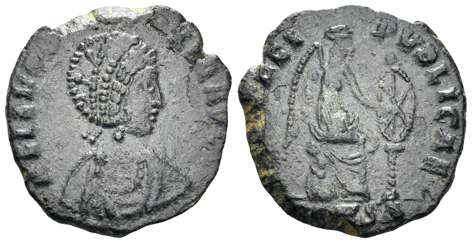 Aelia Eudoxia, Augusta. 400-404 AD. AE3 (1.58g, 16mm). Constantinople mint. Struck 401-3 AD. RIC 101