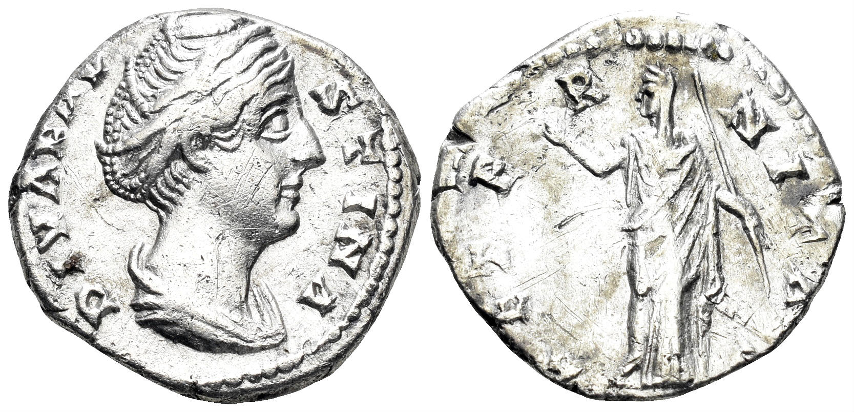 Diva Faustina I. Died 141 AD. AR Denarius (2.99g, 17mm). Rome mint. Struck circa 146-61 AD. RIC 344