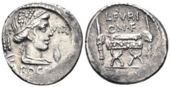 Furius Cn.f. Brocchus. Circa 63 BC. AR Denarius (4.01g, 19mm). Rome mint. Crawford 414/1