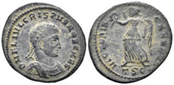 Crispus, as Caesar. 316-326 AD. AE Follis (2.68g, 20.5mm). Thessalonica mint. Struck 319 AD. RIC 62